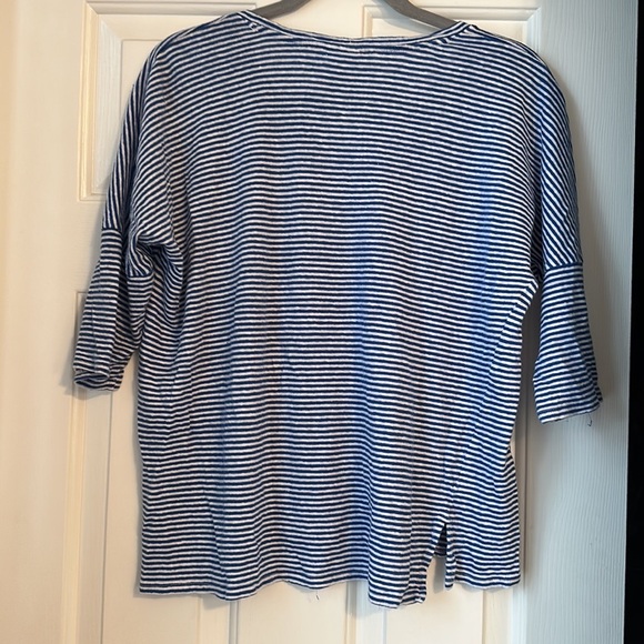 Chicos 100% linen blue and white striped 3/4 length slub tee dolman sleeve - Picture 4 of 4